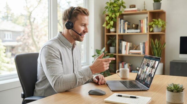Professional man working from home on a video conference call