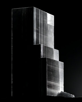 A tall, stepped, rectangular selenite crystal tower with translucent layers and sharp edges standing against a stark black background, in monochrome
