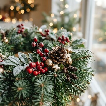 Christmas wreath photo with pinecones, red berries, and fir branches for winter holiday decor
