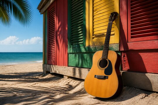 Acoustic Guitar Leaning Against Colorful Beach Hut in the Tropics