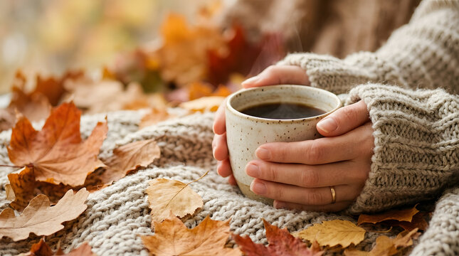 A warm cup of coffee held by hands in a cozy knitted sweater, surrounded by vibrant autumn leaves. Perfect for a cozy fall morning.