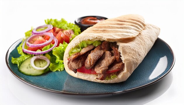 doner kebab grilled meat in bread with salat on white background