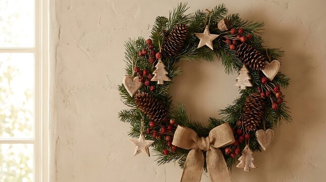 Christmas wreath photo with pine cones, berries, and rustic wooden ornaments hanging on a wall