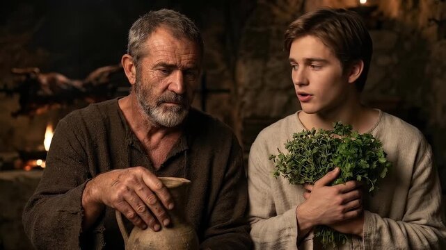 apostle peter and young john preparing the traditional passover dinner inside a rustic ancient stone kitchen illuminated by warm firelight during a sacred biblical last supper