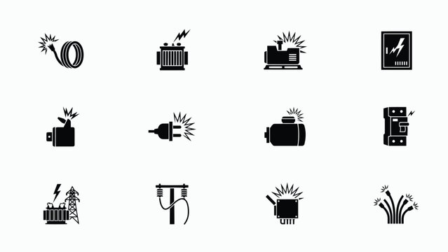 Electrical equipment failing due to power surges in industrial settings with Black white icons illustrate various devices experiencing electrical overload malfunction breakdown