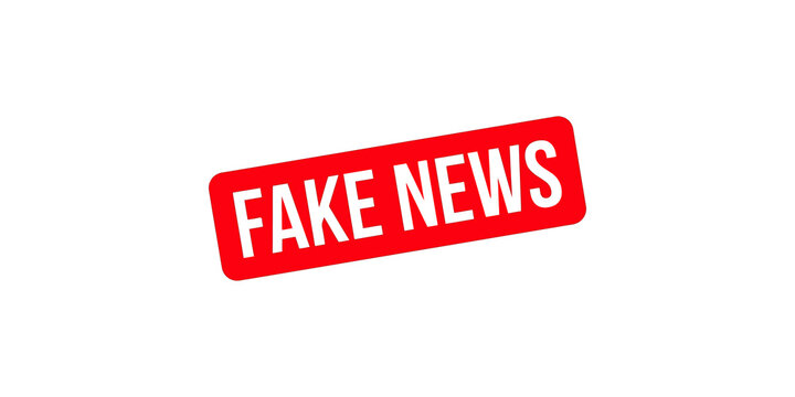 Fake news red rectangular stamp on a transparent background conveying misinformation or propaganda.