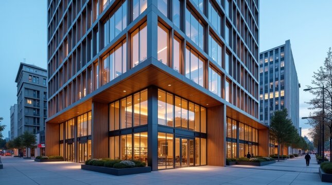 Edificio de oficinas corporativas contempor&aacute;neo visto desde un &aacute;ngulo contrapicado; arquitectura geom&eacute;trica imponente