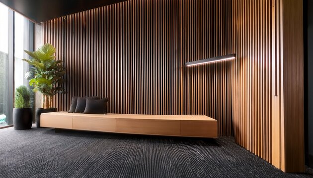 modern interior design featuring vertical wooden slats over acoustic black felt panel representing elegant contemporary office lobby architecture decorative wall texture stylish
