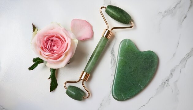 natural green jade face roller and smooth gua sha massage stone resting near delicate pink rose petal upon elegant white marble table surface
