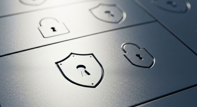 Metallic surface with etched padlocks and shields symbolizing security and data protection