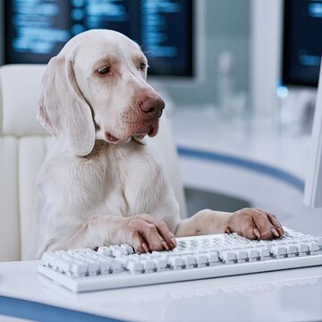 Humorous portrait of a white dog pretending to type on a laptop keyboard