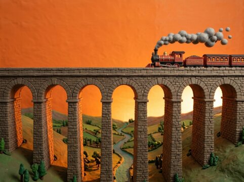Golden Locomotive Crosses a Miniature Viaduct in a Dreamy Sunset Landscape