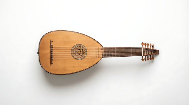 Lute on White Background, Antique Stringed Instrument, Classical Music Concept Featuring Vintage, Wood