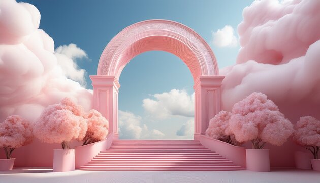 pink pastel archway with fluffy clouds and steps