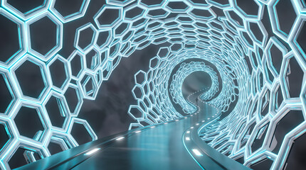 Obraz premium Abstract digital tunnel with a person walking towards a glowing circular light source