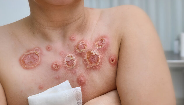 Person showing infectious skin lesions on chest and arm