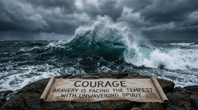 Courageous banner facing stormy ocean wave with inspirational quote
