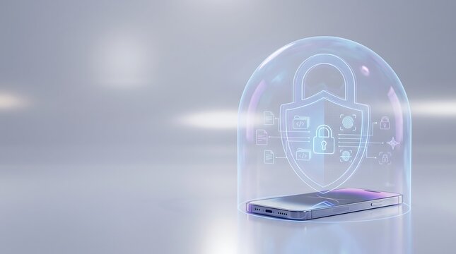 A smartphone placed on a surface protected by a glowing blue holographic dome featuring a shield and padlock for mobile data security