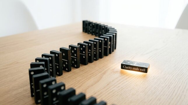 Dominoes arranged in a curved line with one piece glowing