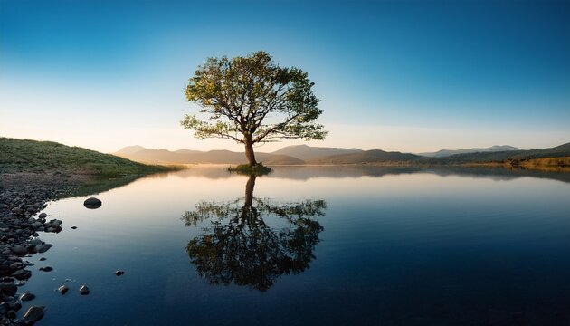 solitary tree reflected in calm waters