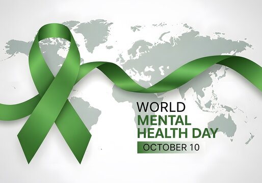 World mental health day banner with a green awareness ribbon over a world map background