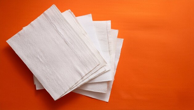 top view of handmade white paper sheets with deckle edges arranged in a pile on a vibrant orange background