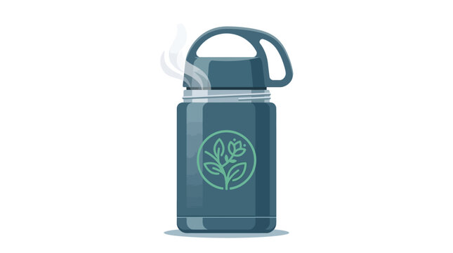 Modern insulated stainless steel reusable food jar with a wide mouth and secure lid for hot soup, portable vacuum flask for meals, vector illustration on a white background.