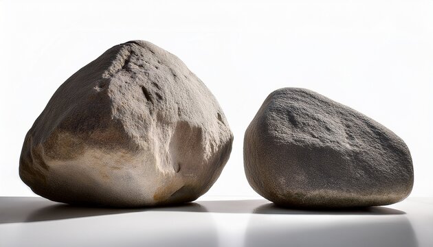 two weathered boulders against a stark white backdrop detailed texture and shadows