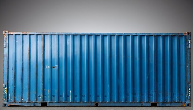 weathered blue shipping container against a gray background