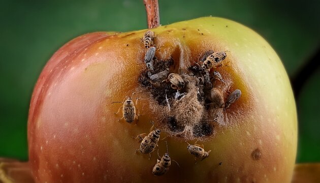 weevil borers infesting a ripening apple detailed macro view showcasing insect damage