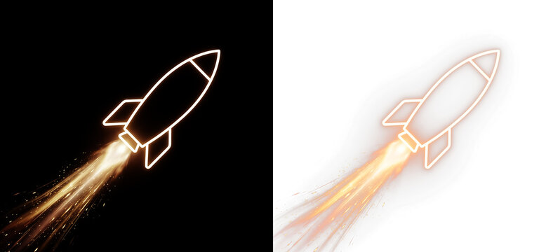 Neon rocket launch icon with fire trail isolated on transparent background