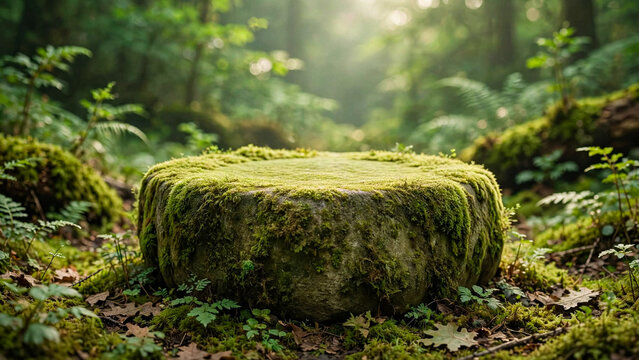 Natural stone podium covered in green moss in a misty forest with mossy rock forest background nature pedestal eco platform moss texture