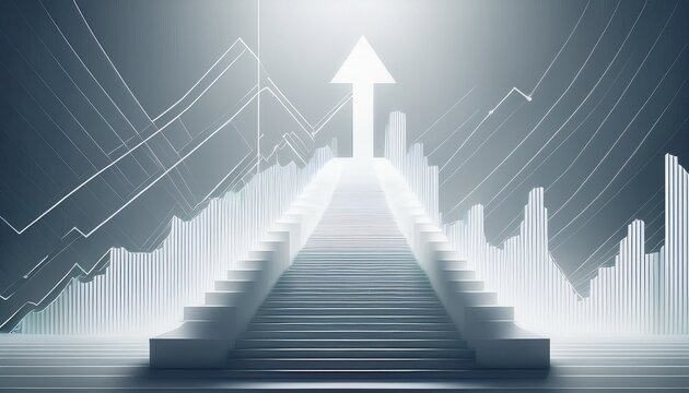white empty staircase podium glowing light bright background floating upward arrow graph chart overlay business growth financial success progress concept presentation