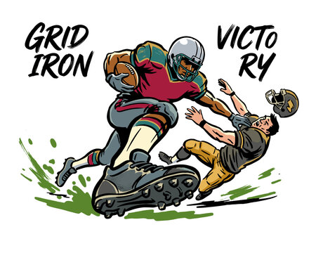 American football player action illustration. Gridiron victory concept art. Sports competition tackle and touchdown graphic design.