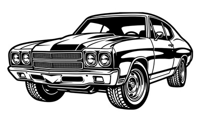 Fototapeta premium Detailed black and white vector illustration of a vintage American muscle car coupe with custom hood scoop, ideal for decals and t-shirt designs.