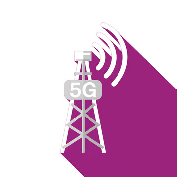 Telecommunication tower silhouette glowing under bright studio lighting over a rich purple textured surface featuring five G signals.