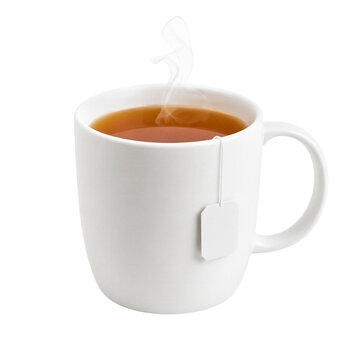 Hot tea in white ceramic mug with tea bag and rising steam isolated on transparent background PNG element