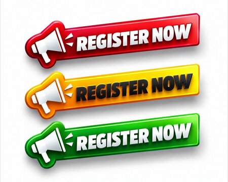Colorful 3d register now buttons with megaphone icons
