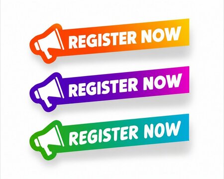 Colorful register now buttons with hand icon graphic design