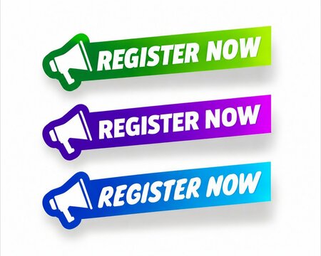 Colorful register now call to action banner with megaphone icon