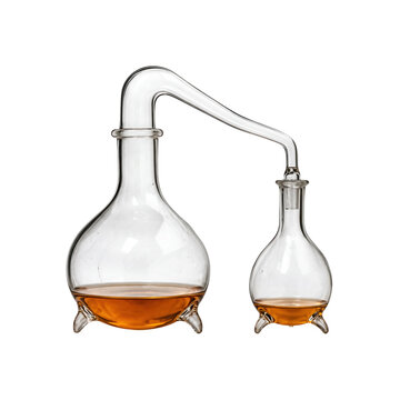 Glass alchemy distillation apparatus with amber liquid isolated on transparent background PNG element