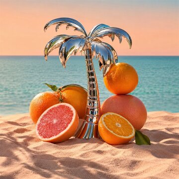 Chrome palm tree sculpture with citrus fruit by the sea