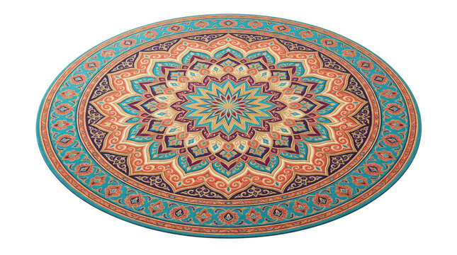 Bohemian mandala round rug, circular ethnic floor carpet with floral pattern, decorative turquoise and orange tapestry for home interior design