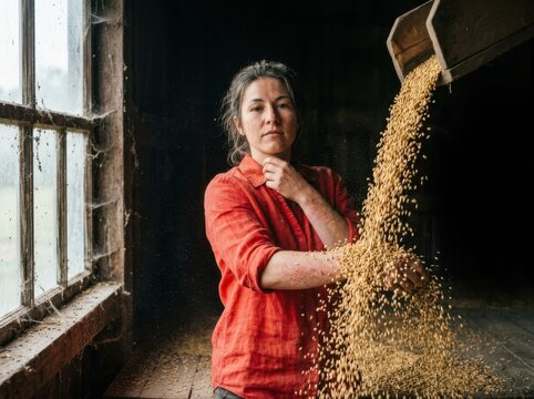 Grain farmer pouring wheat in rustic barn by window light