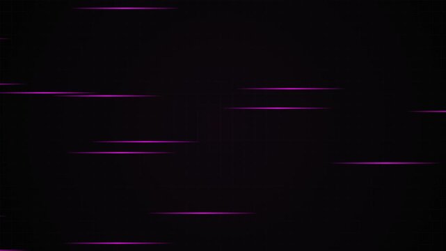 Abstract purple horizontal light streaks and fast speed motion lines on dark background representing dynamic digital data flow and futuristic technology