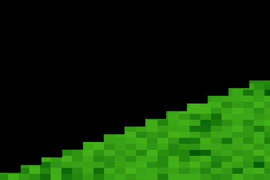 Minimalist 8-bit pixel art background featuring a stepped green grassy hill and digital terrain against a solid black backdrop, inspired by retro arcade video games.