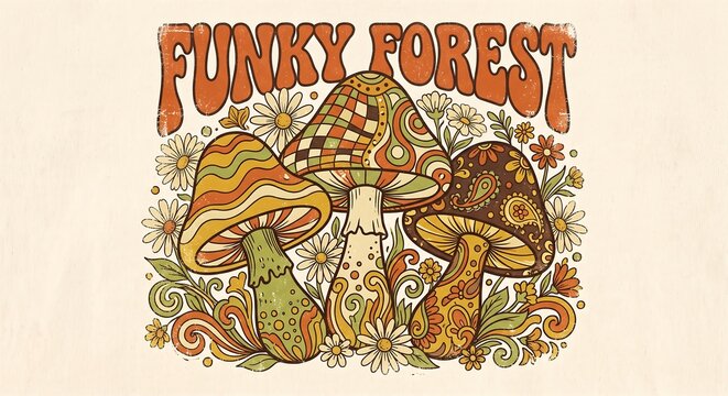 Vintage psychedelic art poster featuring colorful mushrooms and the funky forest text in a retro style