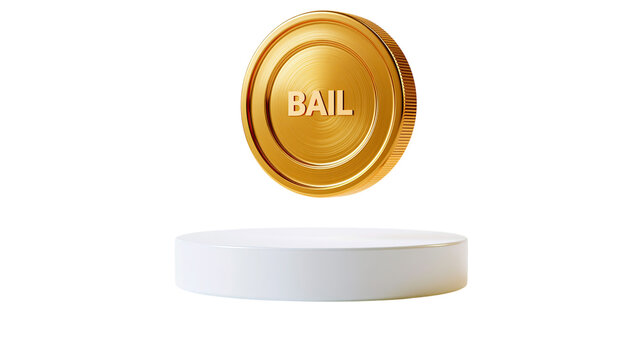 Golden coin with bail text floating over a white circular podium isolated on transparent background PNG element
