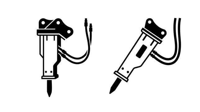 1 color. 2 SAMPLE ICON SETT. NO TEXT Clean minimalist flat vector illustration of a modern hydraulic rock breaker attachment, pure isolated subject, no shadow, no background elements, pure white solid