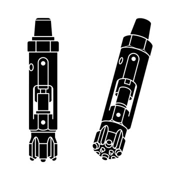 2 SAMPLE ICON SETT. 1 color.  NO TEXT Clean minimalist flat vector illustration of a down-the-hole DTH mining hammer, pure isolated subject, no shadow, no background elements, pure white solid backgro